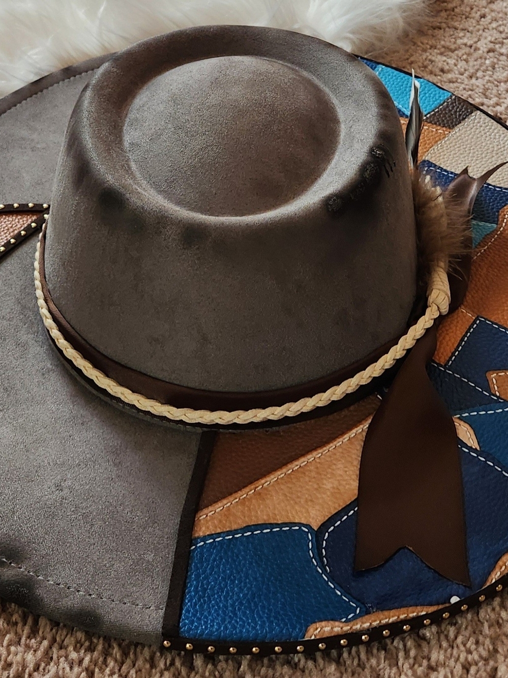 Women's Grey Suede Fedora with Braided Trim
